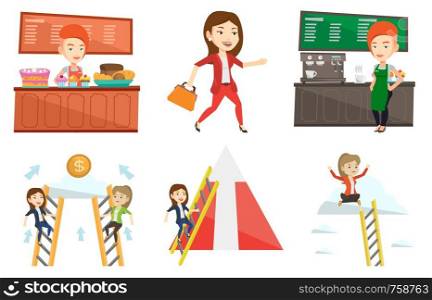 Bakery owner offering pastry. Bakery owner standing behind the counter with cakes. Bakery owner sanding in front of coffee machine. Set of vector flat design illustrations isolated on white background. Vector set of business characters.