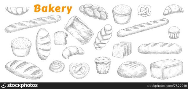 Bakery, pastry and bread isolated vector sketch icons. Engraved bake shop rye and wheat bread sorts, muffin, bun and bagel, sliced loaf, french baguette and croissant, pretzel and biscuit sketch. Bakery, pastry and bread sketch set