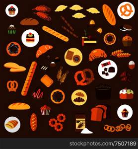 Bakery, pastry and confectionery flat icons with various breads, croissants, pretzels, donuts cakes, cookies, cupcakes, candies and bagels. Bakery, pastry and confectionery flat icons