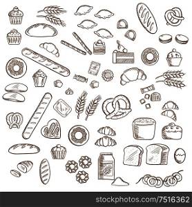 Bakery, pastry and confectionery sketched icons with various breads and loafs, croissants and pretzels, donuts and cakes, cookies and cupcakes, candies and bagels. Bakery, pastry and confectionery sketches