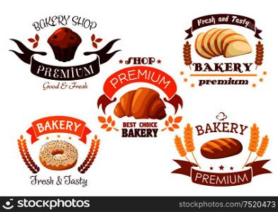 Bakery, pastry and patisserie shop emblems set. Elements of fresh baked wheat bread, croissant, chocolate muffin, sweet donut, rye bread bagel. Baking products icons with ribbons and text for decoration design. Bakery shop emblem with bread and sweet cakes