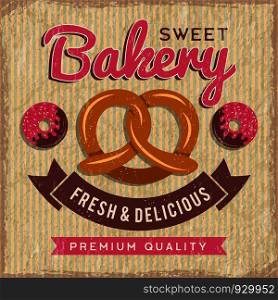 Bakery poster design. Bread and donuts with cupcakes fresh foods vector illustration for vintage placard of bakery shop or market. Bakery and cake, food dessert sweet, pastry shop banner menu. Bakery poster design. Bread and donuts with cupcakes fresh foods vector illustration for vintage placard of bakery shop or market