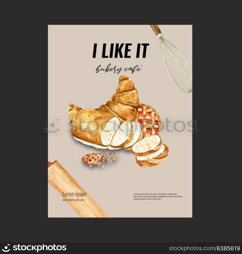 Bakery Poster template. Bread and bun collection. home made , creative watercolor vector illustration design