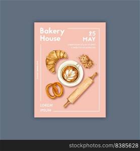 Bakery Poster template. Bread and bun collection. home made , creative watercolor vector illustration design