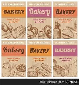 Bakery posters. Fresh bread, sketch wheat ear and tastiness natural ingredients hand drawn banner vector illustration set. Bread and bakery poster, fresh sketch loaf, organic croissant and baguette. Bakery posters. Fresh bread, sketch wheat ear and tastiness natural ingredients hand drawn banner vector illustration set