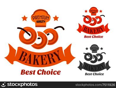 Bakery premium quality icons with soft sweet bagels on string with baker hat and stars above, decorated by ribbon banner, cartoon style in yellow, orange and gray color variations. Bakery with soft sweet bagels