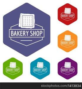 Bakery product icons vector colorful hexahedron set collection isolated on white . Bakery product icons vector hexahedron