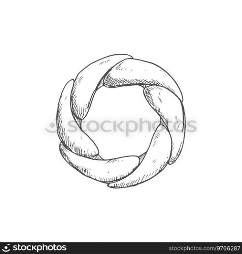 Bakery product sketch icon, braided bread. Vector round pastry bun of wheat dough. Braided bagel sketch icon isolated bakery product