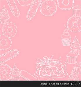 Bakery products background. Cookies, cakes, donuts. Vector sketch illustration.