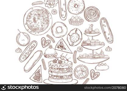 Bakery products background. Cookies, cakes, donuts. Vector sketch illustration.. Cookies, cakes, donuts. Vector illustration.