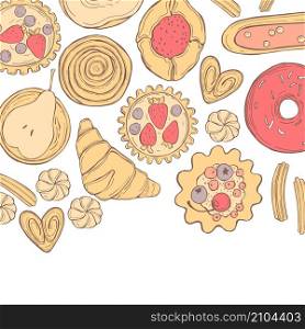 Bakery products background. Cookies, cakes, donuts. Vector sketch illustration.. Cookies, cakes, donuts. Vector illustration.