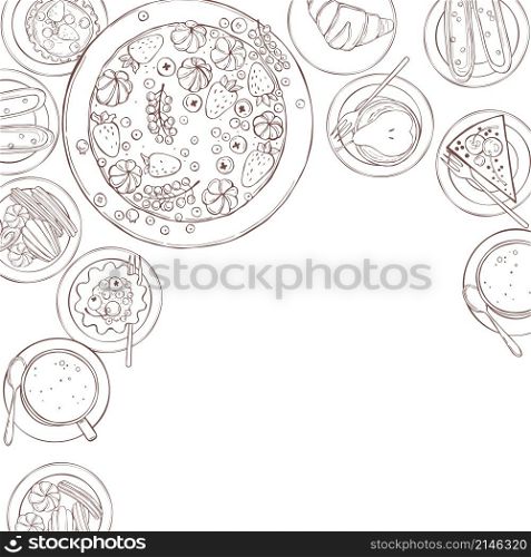Bakery products background. Cookies, cakes, muffins. Vector sketch illustration.