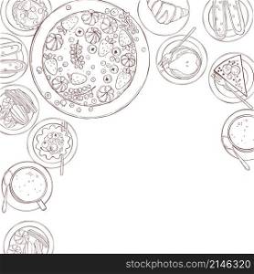 Bakery products background. Cookies, cakes, muffins. Vector sketch illustration.