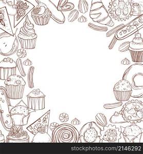 Bakery products background. Cookies, cakes, muffins. Vector sketch illustration.. Bakery products. Cookies, muffins.Vector sketch illustration.