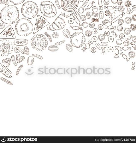Bakery products background. Cookies, cakes, sweets. Vector sketch illustration.