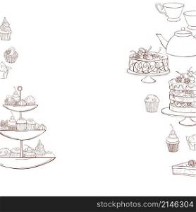Bakery products background. Teapot, cups and cakes, muffins. Vector sketch illustration.