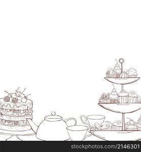 Bakery products background. Teapot, cups and cakes, muffins. Vector sketch illustration.. Bakery products background. Cookies, cakes, muffins. Vector sketch illustration.