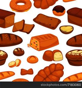 Bakery products buns and bread seamless pattern vector. Traditional baked meal, food made of wheat, organic nutritious loaves, slices and donut with chocolate topping. Culinary art and croissants. Bakery products buns and bread seamless pattern vector.