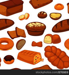 Bakery products buns and bread seamless pattern vector. Traditional baked meal, food made of wheat, organic nutritious loaves, slices and donut with chocolate topping. Culinary art and croissants. Bakery products buns and bread seamless pattern vector