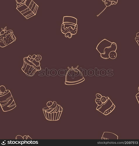 Bakery products. Cakes and cupcakes. Vector seamless pattern. . Bakery products. Vector pattern.