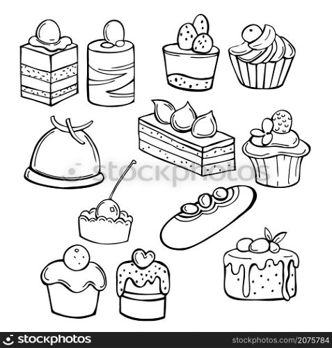 Bakery products. Cakes and cupcakes. Vector sketch illustration.. Bakery products.Vector illustration.