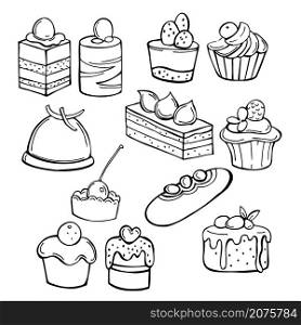 Bakery products. Cakes and cupcakes. Vector sketch illustration.. Bakery products.Vector illustration.