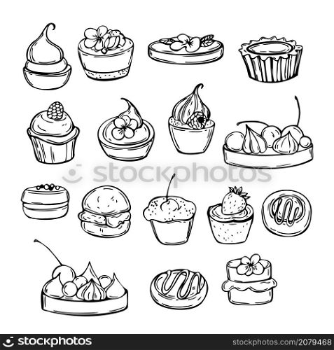 Bakery products. Cakes. Vector sketch illustration.