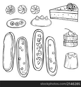 Bakery products. Cakes. Vector sketch illustration.. Bakery products. Cookies, muffins.Vector sketch illustration.