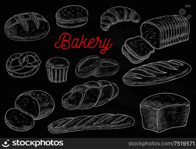 Bakery products chalk sketches on blackboard. Bread, cake, croissant, baguette, hamburger bun, toast, pie, braided bun, pretzel Bakery shop menu chalkboard design. Bakery products chalk sketches on blackboard