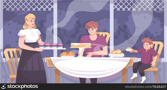 Bakery products composition with house porch scenery and characters of family members eating cakes and croissants vector illustration