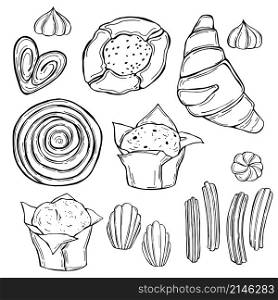 Bakery products. Cookies, muffins.Vector sketch illustration.