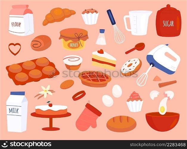 Bakery products. Different sweet pastry kinds and cooking tableware and accessories, food ingredients, mixer and whisk. Fresh eggs, butter and milk. Homemade confectionery vector cartoon flat set. Bakery products. Different sweet pastry kinds and cooking tableware and accessories, food ingredients, mixer and whisk. Fresh eggs, butter and milk. Homemade confectionery vector set