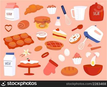 Bakery products. Different sweet pastry kinds and cooking tableware and accessories, food ingredients, mixer and whisk. Fresh eggs, butter and milk. Homemade confectionery vector cartoon flat set. Bakery products. Different sweet pastry kinds and cooking tableware and accessories, food ingredients, mixer and whisk. Fresh eggs, butter and milk. Homemade confectionery vector set