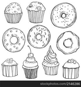 Bakery products. Donuts and Cupcakes.Vector sketch illustration.