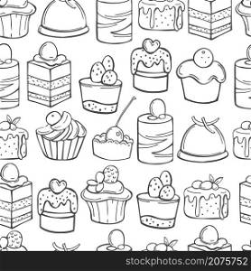 Bakery products. Hand drawn cakes and cupcakes on white background. Vector seamless pattern. . Bakery products. Vector pattern.