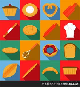 Bakery products icons set. Flat illustration of 16 bakery products vector icons for web. Bakery products icons set, flat style