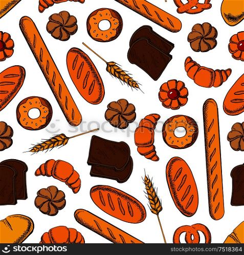 Bakery products seamless pattern with french croissant, glazed donut, bun with fruit jam, rye bread and wheat long loaves, baguette and salty bavarian pretzel with wheat ear on white background. Sweet pastry and bread cartoon seamless pattern