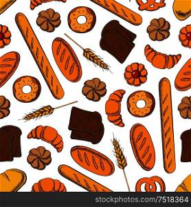 Bakery products seamless pattern with french croissant, glazed donut, bun with fruit jam, rye bread and wheat long loaves, baguette and salty bavarian pretzel with wheat ear on white background. Sweet pastry and bread cartoon seamless pattern