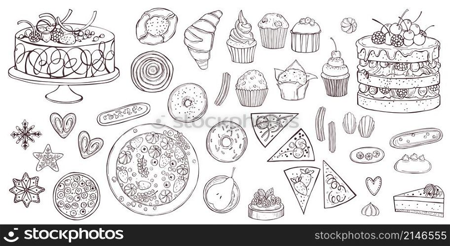 Bakery products set. Cookies, muffins, cakes. Vector sketch illustration.. Bakery products set. Vector sketch illustration.