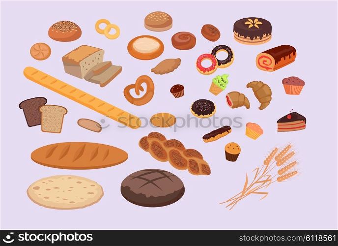 Bakery products set flat design. Bread and bakery, bakery shop, cake and baking, pastry cupcake, bakery products, roll and donut bakery, product bakery, food bakery, breakfast bakery illustration