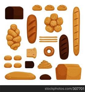 Bakery products. Vector illustration of different breads in cartoon style.Bakery bread food for breakfast. Bakery products. Vector illustration of different breads in cartoon style