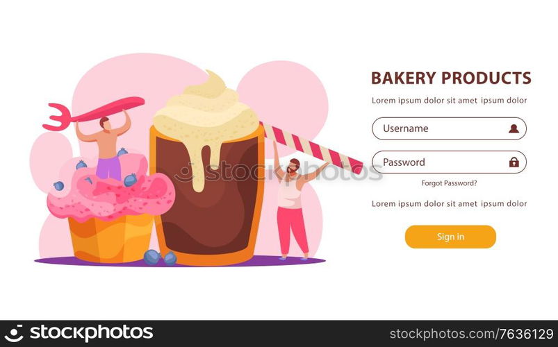 Bakery products website with cakes and sweets symbols flat vector illustration