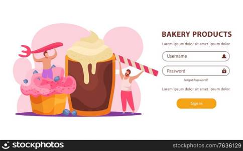 Bakery products website with cakes and sweets symbols flat vector illustration