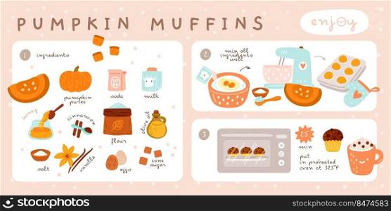 Bakery recipe. Pumpkin muffins step by step cooking process. Home baking ingredients, accessories and tableware. Kitchen dough mixer and oven. Products for cake preparing. Garish vector infographics. Bakery recipe. Pumpkin muffins step by step cooking process. Baking ingredients, accessories and tableware. Kitchen mixer and oven. Products for cake preparing. Garish vector infographics