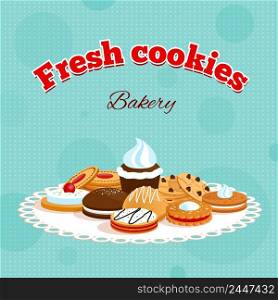 Bakery retro poster with fresh cookies lettering and different desserts on table napkin vector illustration