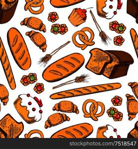 Bakery seamless background. Vector pattern of croissant, bread, baguette, cookie, cake, biscuit, bun, loaf, pretzel, bagel pie Bakery products wallpaper for patisserie cafe bakery pastry shop. Bakery and patisserie seamless background