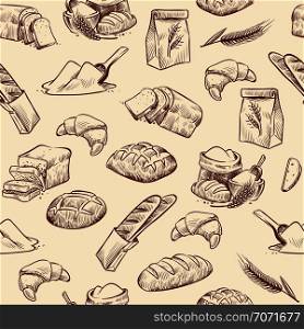 Bakery seamless pattern. Bread croissant pastries pastry wheat loaf sliced white roll drawn vintage sketch, vector background. Bakery seamless pattern. Bread croissant pastries pastry wheat loaf sliced white roll drawn vintage sketch