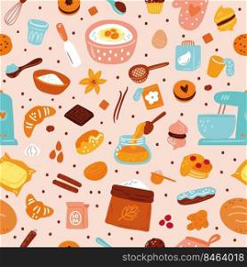 Bakery seamless pattern. Sweet dessert. Pastries and cooking accessories. Repeated print with kitchen equipment and products for biscuits preparing. Cookies or cakes recipe. Garish vector background. Bakery seamless pattern. Sweet dessert. Pastries and cooking accessories. Repeated print with kitchen equipment and products for biscuits preparing. Cookies or cakes. Vector background