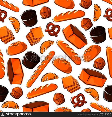 Bakery seamless pattern with bread and buns. Wheat and rye bread, cupcake, croissant, baguette, toast and pretzel background for food design. Bakery seamless pattern with bread and buns