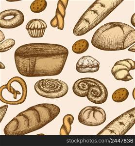 Bakery seamless pattern with hand drawn pastry baguette cookies vector illustration. Bakery Seamless Pattern